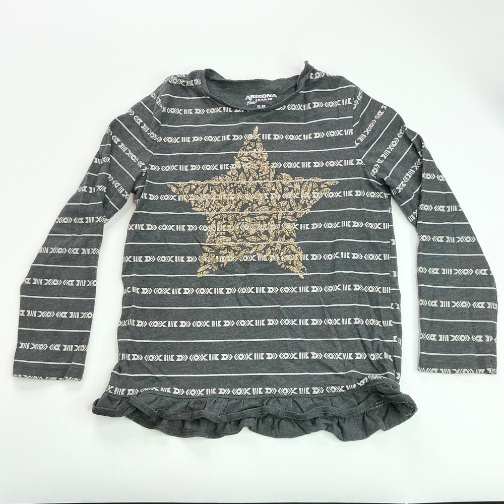 Arizona Gray Long Sleeve Top Kids Size 6X Glitter Star Ruffle Hem Striped
